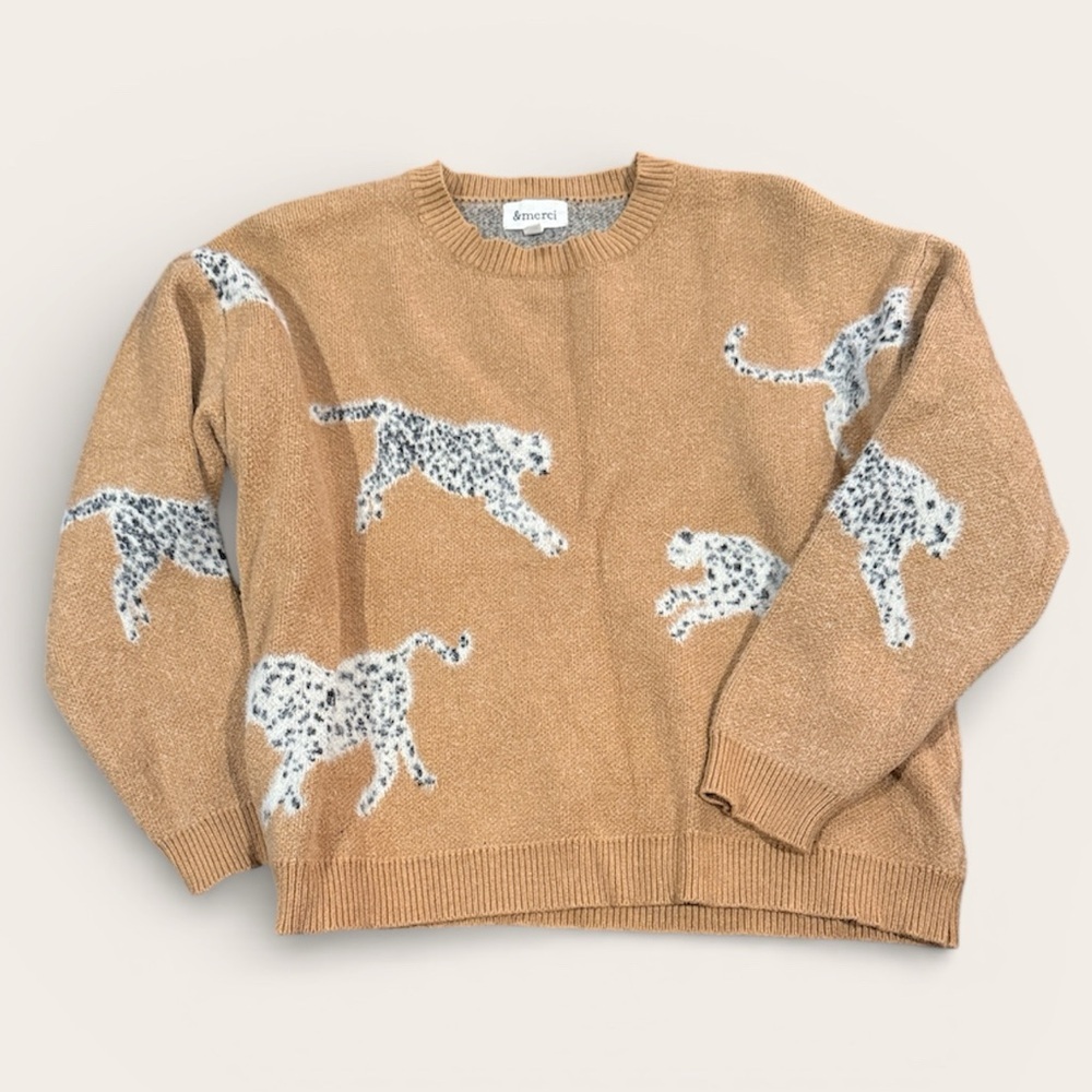 Merci Brown Tan Sweater with Leopard Design small women’s top long sleeve